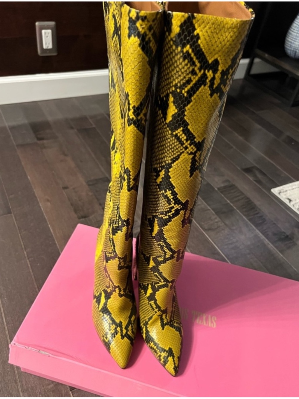 Paris Texas Yellow Snakeskin Knee-High Pointed Toe Boots- Size 35